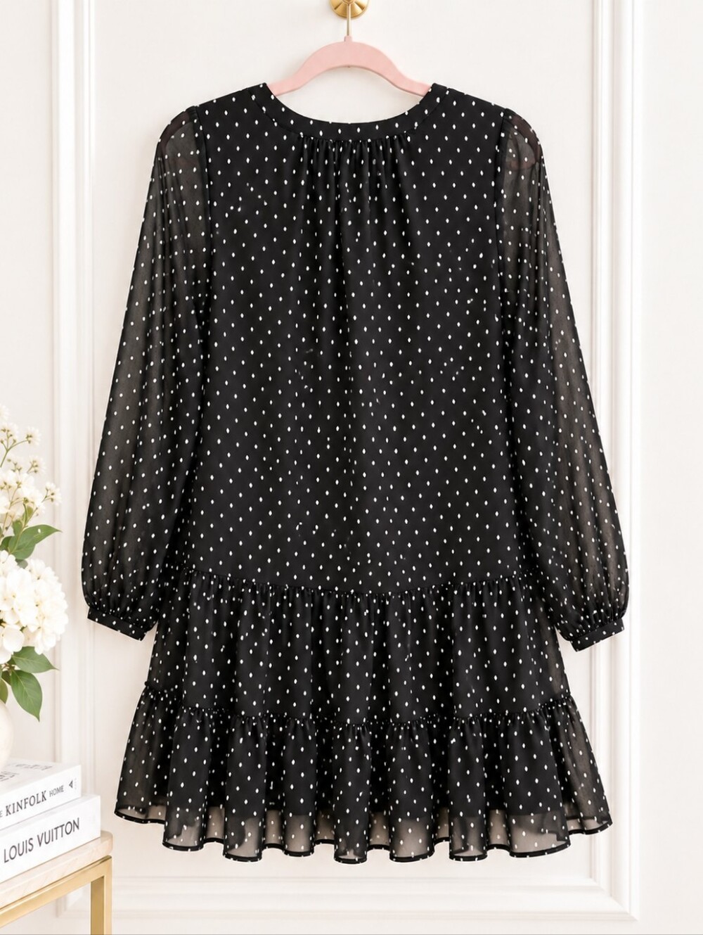 LOFT Black Swiss Dot Tiered Dress | Sheer Sleeve | Romantic Mini | Size Small - Picture 6 of 9